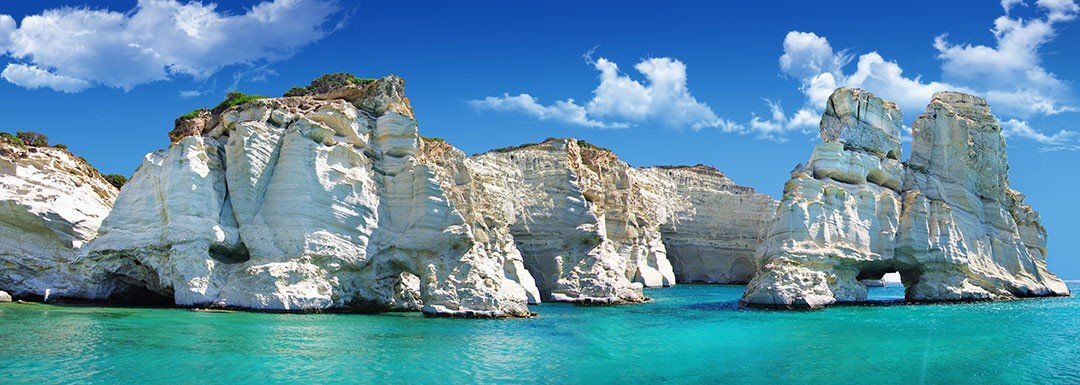 Kleftiko Milos mural with turquoise waters and white cliffs, ideal for indoor and outdoor spaces.