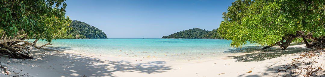 Panoramic tropical beach mural with turquoise sea, ideal for indoor and outdoor spaces.