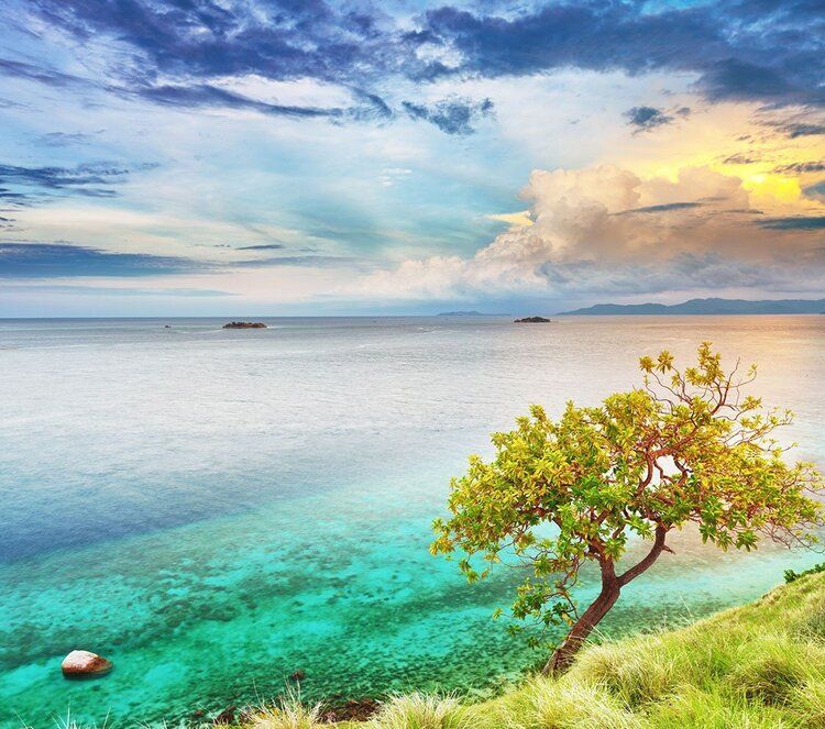 Seraya Island sunset mural with tranquil waters, ideal for indoor and outdoor spaces.