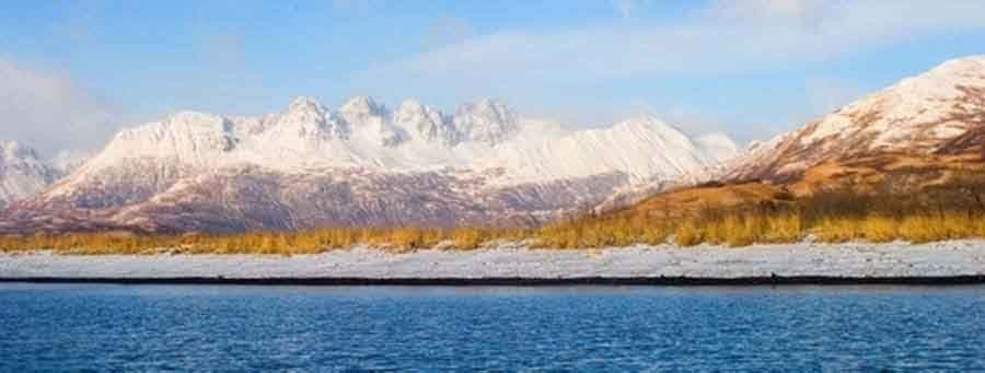 Kodiak shore mural with snow-capped mountains, ideal for indoor and outdoor spaces.