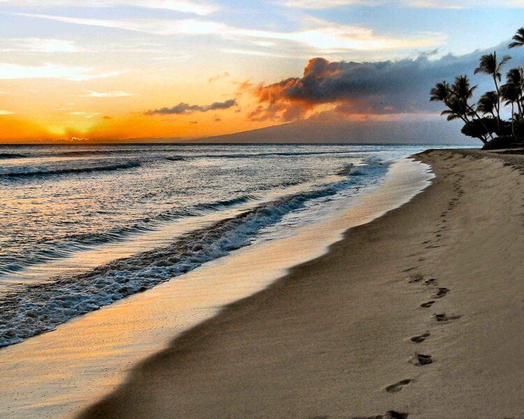 Maui beach sunset mural with sand footprints, perfect for indoor and outdoor spaces.