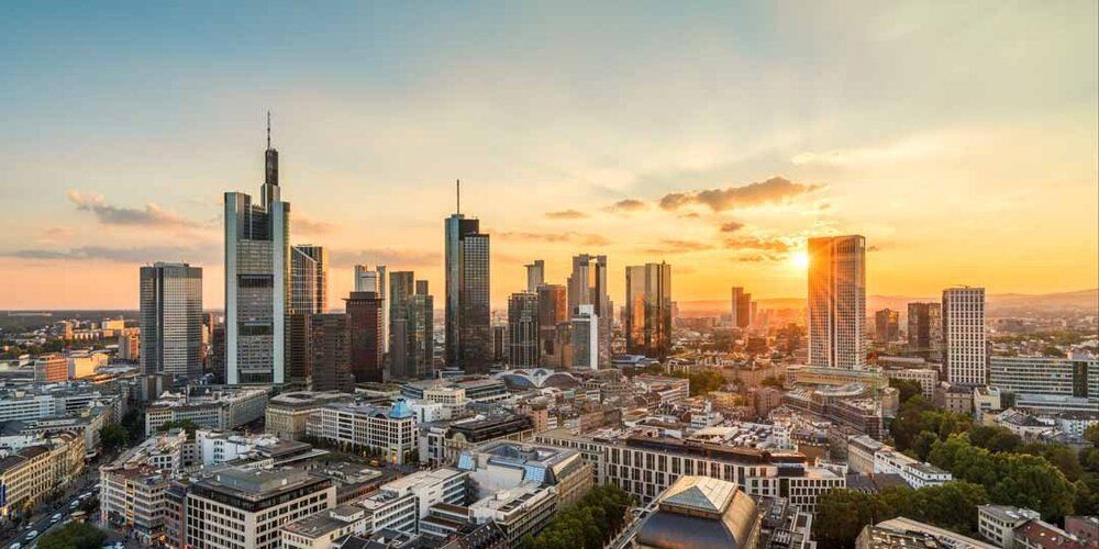 Frankfurt skyline mural with sleek skyscrapers, ideal for indoor and outdoor spaces.