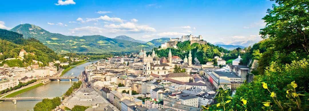 Salzburg city mural with historic charm and Alpine backdrop, ideal for indoor and outdoor spaces.