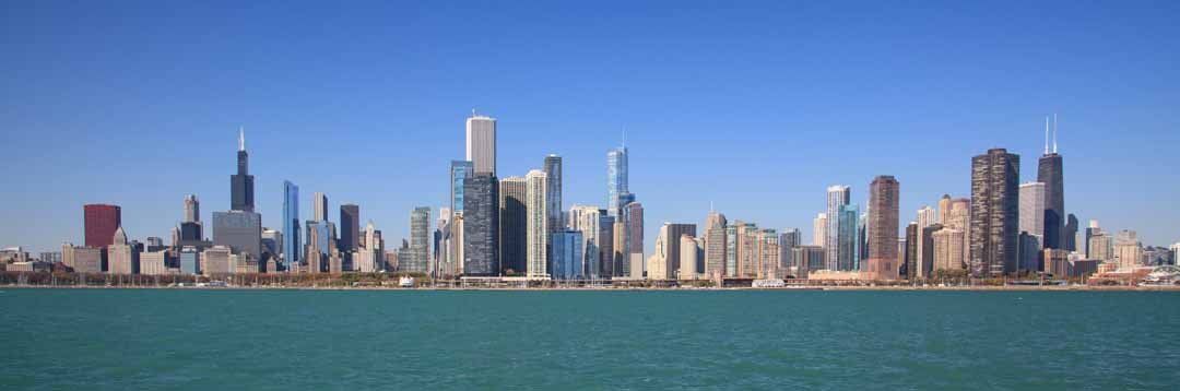 Chicago skyline mural with iconic skyscrapers, ideal for indoor and outdoor spaces.