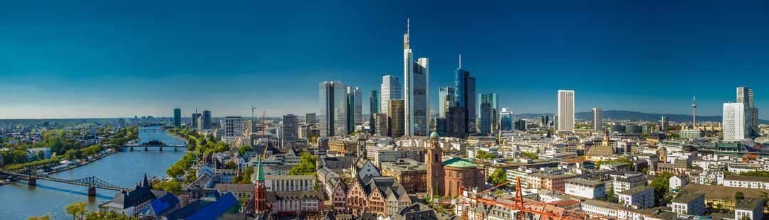 Frankfurt skyline mural with skyscrapers at sunrise, perfect for indoor and outdoor spaces.