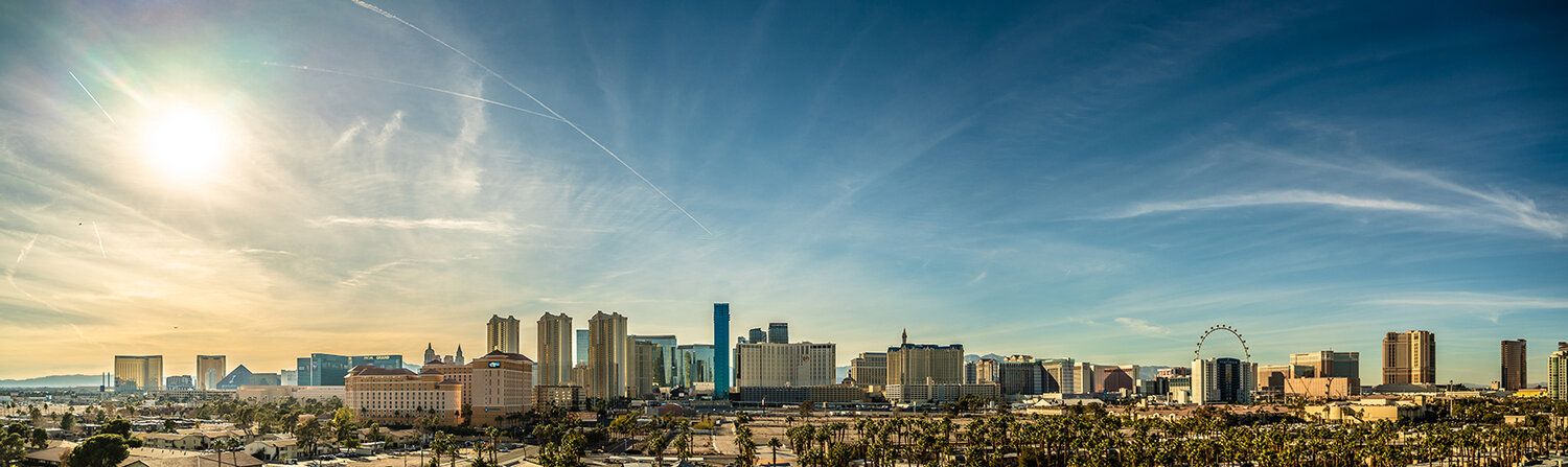 Daytime Las Vegas skyline mural with desert backdrop, ideal for indoor and outdoor spaces.