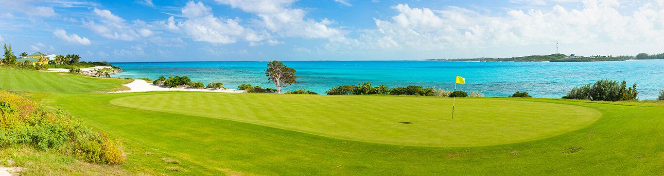 Coastal golf course mural with ocean views, perfect for indoor and outdoor spaces.