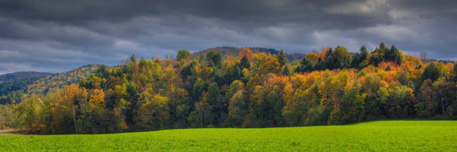 New England autumn mural with colorful hills and stormy sky, perfect for indoor and outdoor spaces.