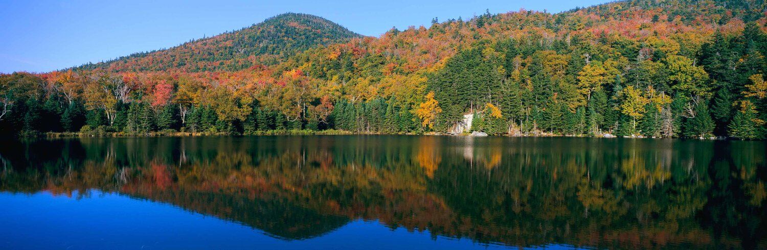 Mural of Crawford Notch with reflective water and mountain forest, ideal for indoor and outdoor spaces.