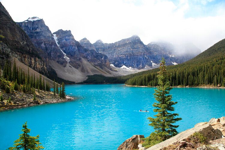 Banff National Park mural with turquoise lake and mountains, perfect for indoor and outdoor spaces.