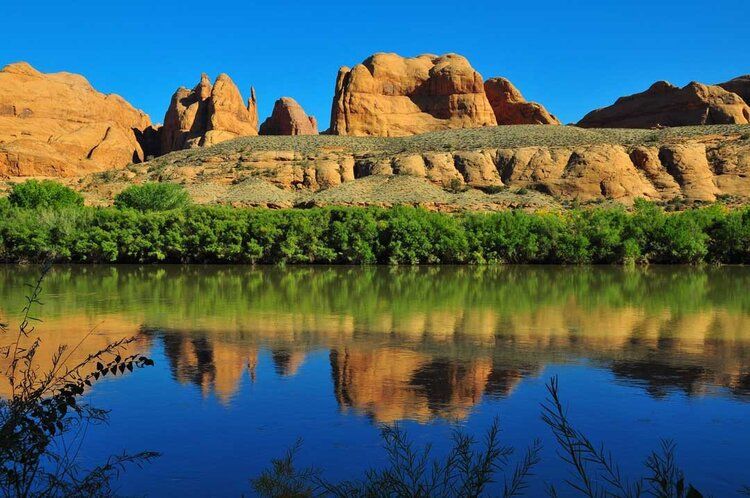 Late afternoon reflections on the Colorado River, ideal for serene indoor and outdoor spaces.