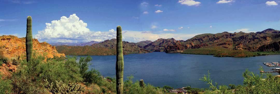 Panoramic mural of Saguaro Lake with Arizona mountains, perfect for indoor and outdoor spaces.