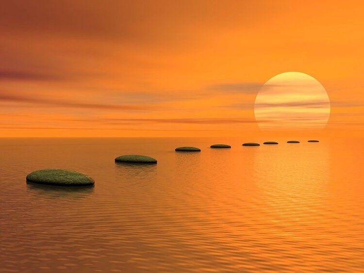 Grey stone steps leading to ocean sunset, perfect for tranquil indoor or outdoor spaces.