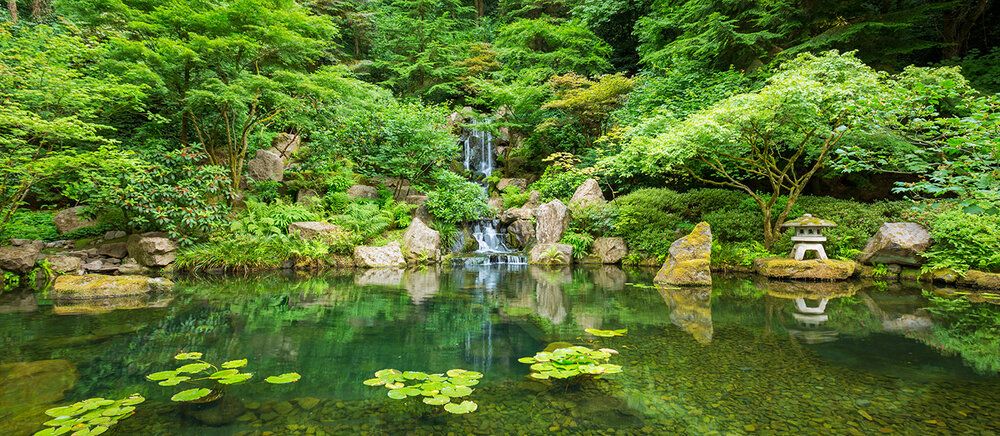 Portland Japanese Garden in Oregon, a serene landscape perfect for enhancing indoor or outdoor decor.