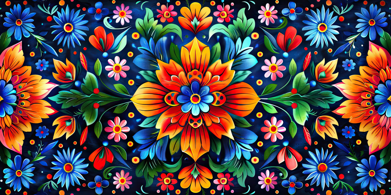 Colorful Mexican folk art flower mural, ideal for adding warmth to indoor and outdoor spaces.