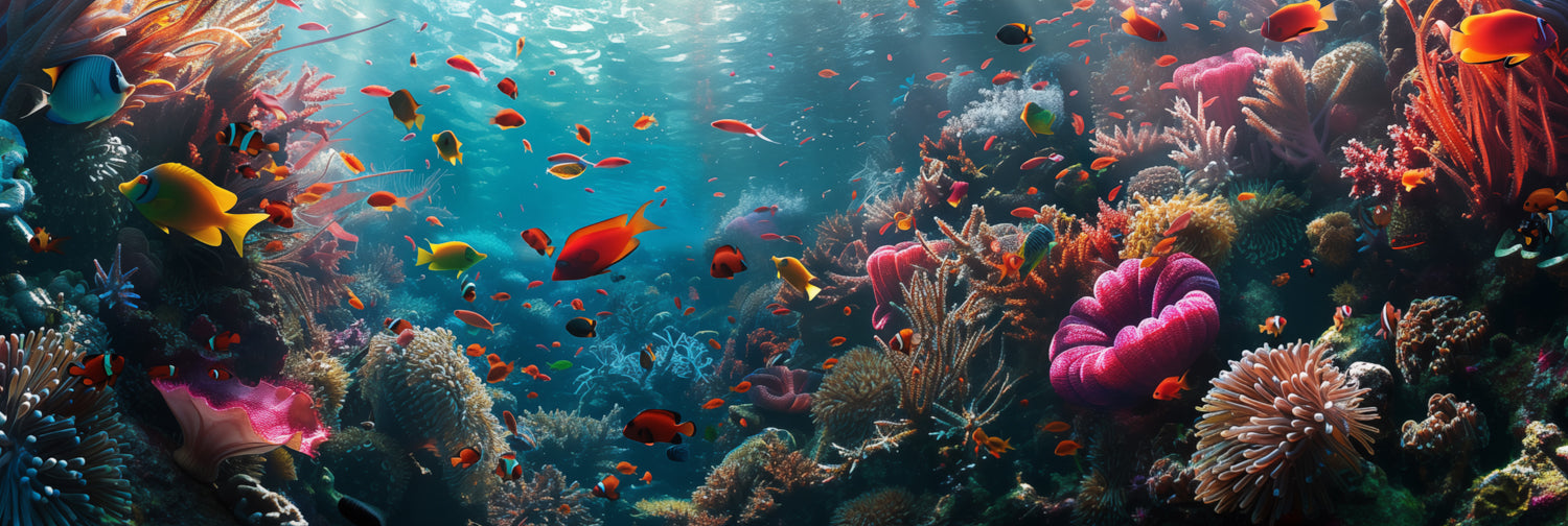 Panoramic coral reef mural with vibrant fish and marine plants, perfect for indoor and outdoor spaces.