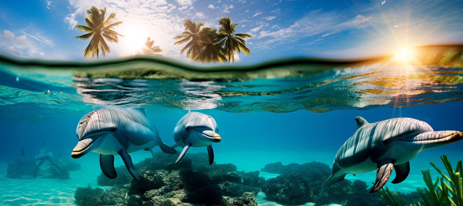 Panoramic mural of dolphins swimming at sunset, perfect for indoor and outdoor spaces.