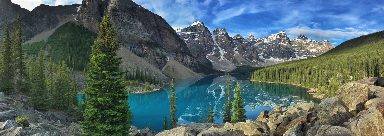 Panoramic mural of Moraine Lake and mountains, perfect for indoor and outdoor spaces.