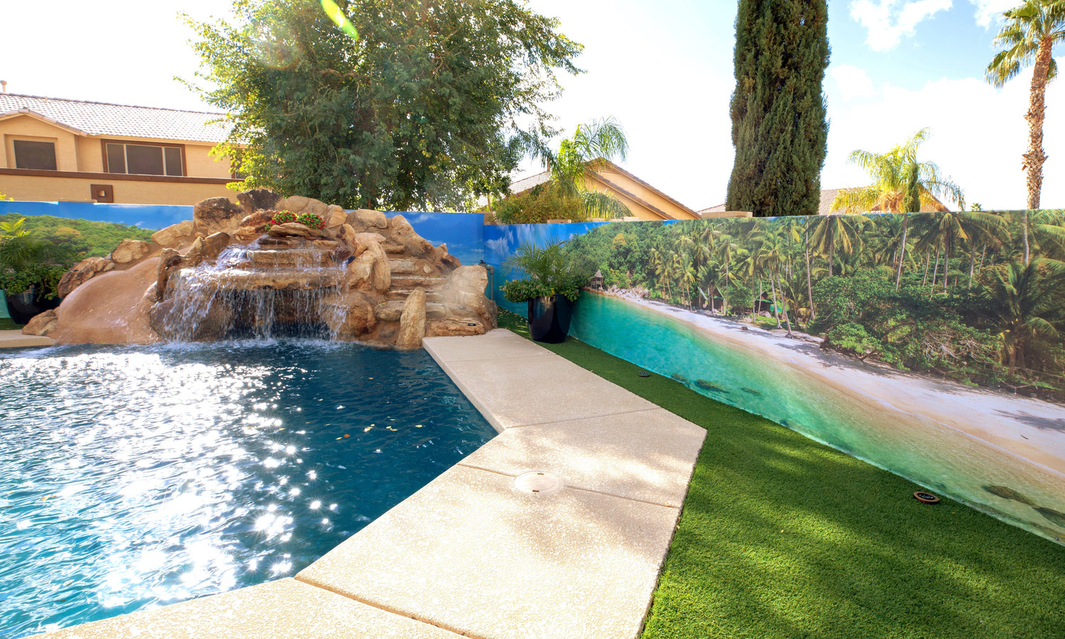 Backyard Pool with Beach Ocean Palm Tree Outdoor Mural