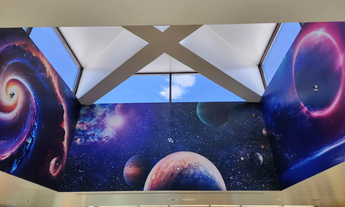 Commercial outer space with stars custom indoor mural